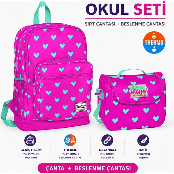 Coral Hıgh Sırt Çantası 23113+ Pembe Su Yeşili Kalp Desenli Thermo Beslenme Çantası 11806 ürün görseli 1