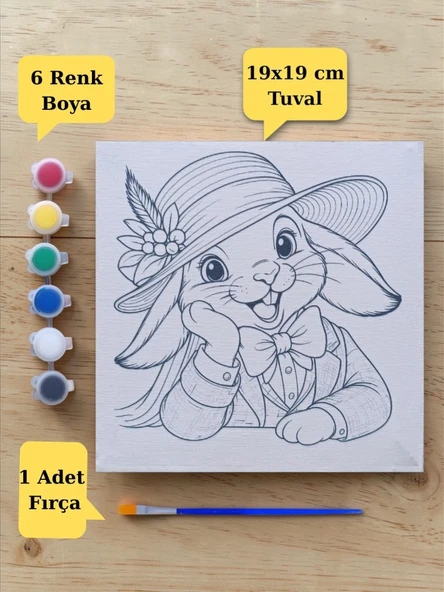 Çocuklara Özel Şapkalı Tavşan Baskılı Tuval Boyama Aktivite Seti 19x19 Cm (Tuval, Fırça ve 6 Renk Akrilik Boya Seti) ürün görseli 1