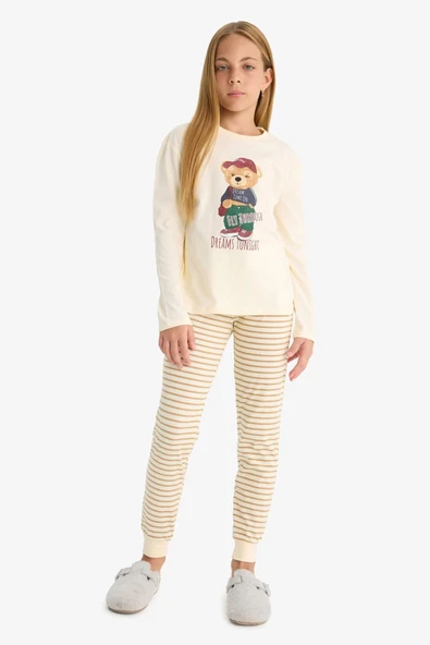 Defacto F1085A8ER134 Ekru Kız Çocuk Pijama Takımı Baskılı Uzun Kollu Üst Çizgili Uzun Alt ürün görseli 1