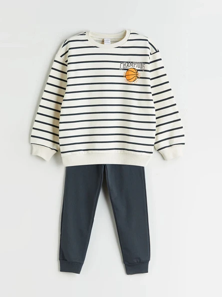LCW Kids Bej Bisiklet Yaka Çizgili Erkek Çocuk Sweatshirt ve Pantolon 2'li Takım ürün görseli 1