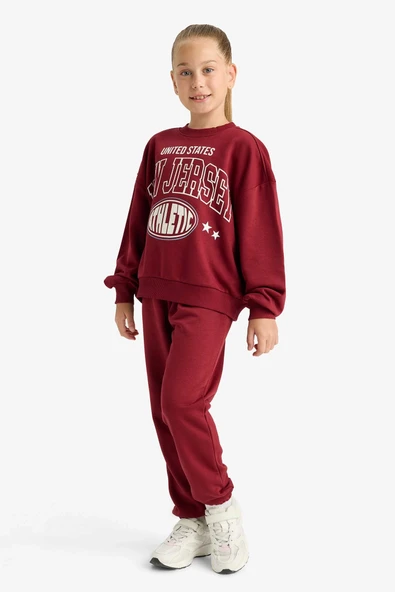 Defacto E6416A8BR281 Bordo Kız Çocuk 2'li Takım Baskılı Sweatshirt Eşofman Altı ürün görseli 1