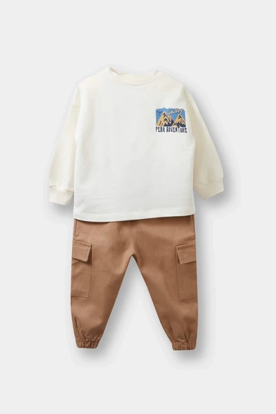 Defacto F1587A5ER105 Ekru Erkek Bebek 2'li Takım Baskılı Sweatshirt Kargo Cepli Pantolon ürün görseli 1