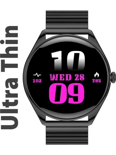 Logia Ultra Thin Akıllı Saat Yuvarlak Çelik Kasa Metal Kordon Siyah ürün görseli 1