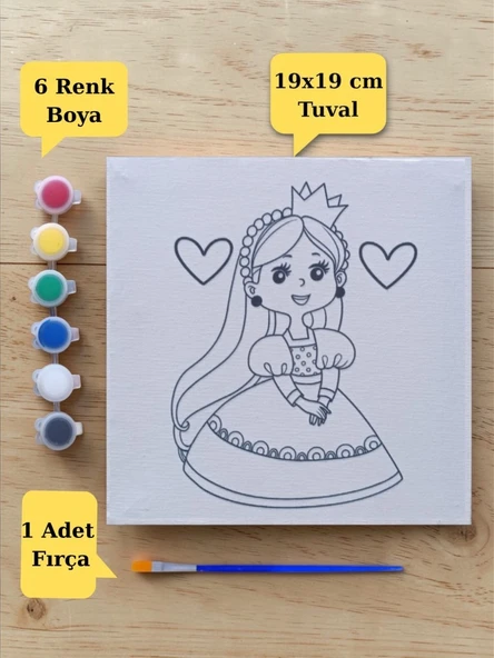 Tuval Boyama Sevimli Prenses Baskılı Aktivite Seti 19x19 Cm (Tuval, Fırça ve 6 Renk Akrilik Boya Seti) ürün görseli 1