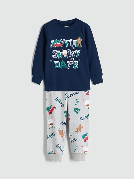 LCW Kids Lacivert Bisiklet Yaka Yılbaşı Temalı Erkek Çocuk Pijama Takımı ürün görseli 1
