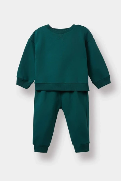 Defacto E8430A5GN671 Yeşil Erkek Bebek 2'li Takım Basic Düz Sweatshirt Eşofman Altı ürün görseli 1