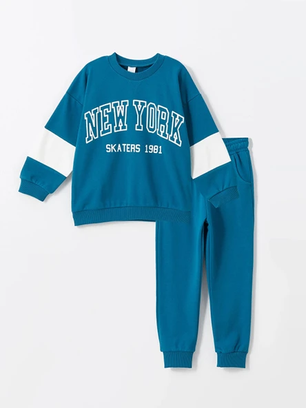 LCW Kids Petrol Bisiklet Yaka Baskılı Erkek Bebek Sweatshirt ve Pantolon 2'li Takım ürün görseli 1