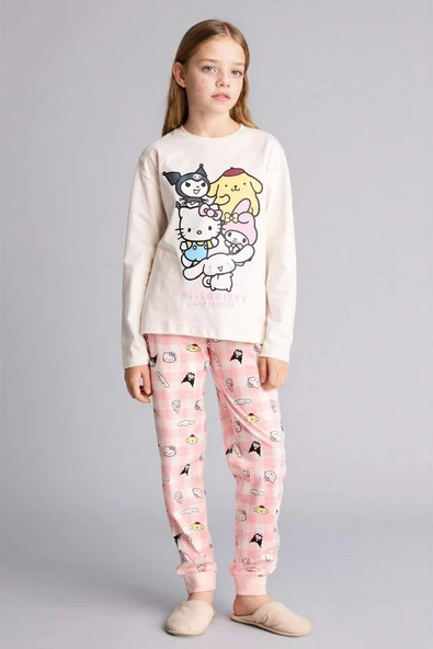 Defacto H1070A8ER100 Ekru %100 Pamuklu Hello Kıtty 2'li Pijama Takımı Kız Çocuk ürün görseli 1