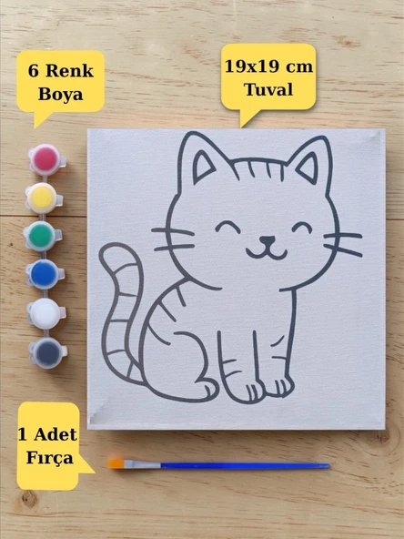 Sevimli Kedi Baskılı Tuval Boyama Aktivite Seti 19x19 Cm (Tuval, Fırça ve 6 Renk Akrilik Boya Seti) ürün görseli 1