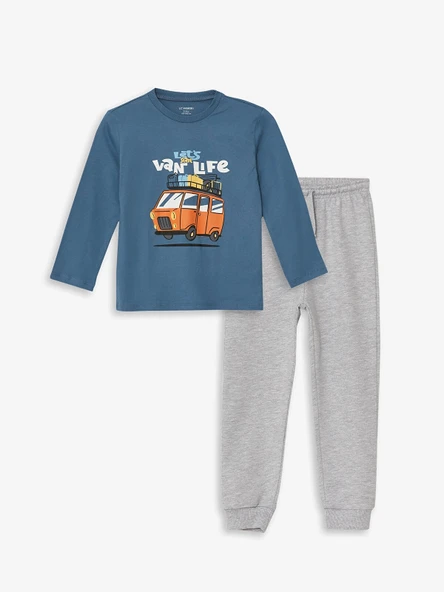 LCW Kids Mavi Bi Baby Bisiklet Yaka Uzun Kollu Baskılı Erkek Bebek Tişört ve Pantolon 2'li Takım ürün görseli 1