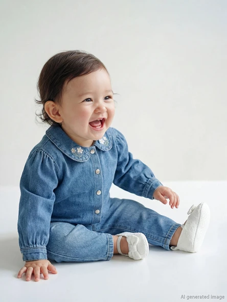 LCW baby Mavi Nakışlı Kız Bebek Jean Gömlek ve Jean Pantolon ürün görseli 1