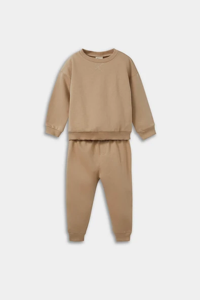 Defacto E8430A5BG109 Bej Erkek Bebek 2'li Takım Basic Düz Sweatshirt Eşofman Altı ürün görseli 1