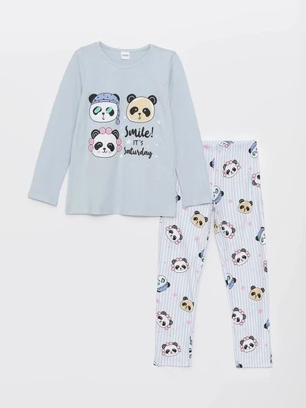 LCW Kids Mavi Bisiklet Yaka Baskılı Uzun Kollu Kız Çocuk Pijama Takımı ürün görseli 1
