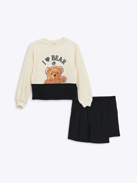 LCW Kids Bej Bisiklet Yaka Ayı Teddy Baskılı Kız Çocuk Sweatshirt ve Şort Etek ürün görseli 1