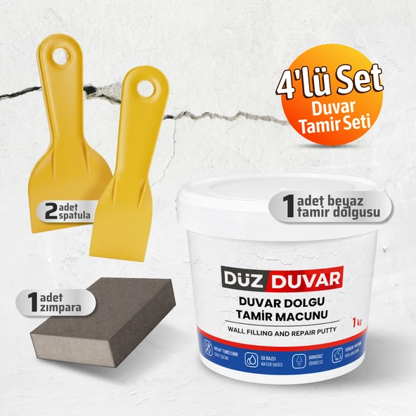 (4'LÜ) Duvar Tamir Seti Beyaz 1000 Gr Dolgu Tamir Macunu + 2 Adet Plastik Spatula + Kübik Zımpara ürün görseli 1