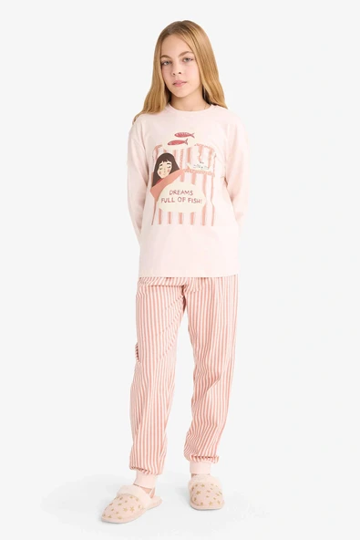 Defacto F6233A8PN70 Pembe Kız Çocuk Pijama Takımı Baskılı Uzun Kollu Üst Çizgili Uzun Alt ürün görseli 1