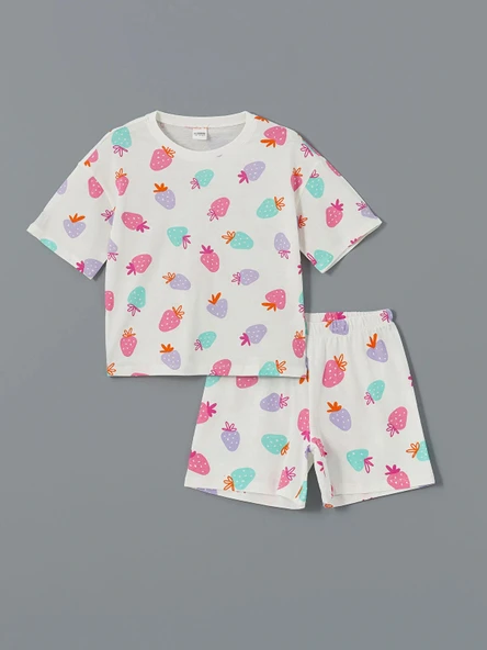 LCW Kids Ekru Bisiklet Yaka Kız Çocuk Şortlu Pijama Takımı ürün görseli 1