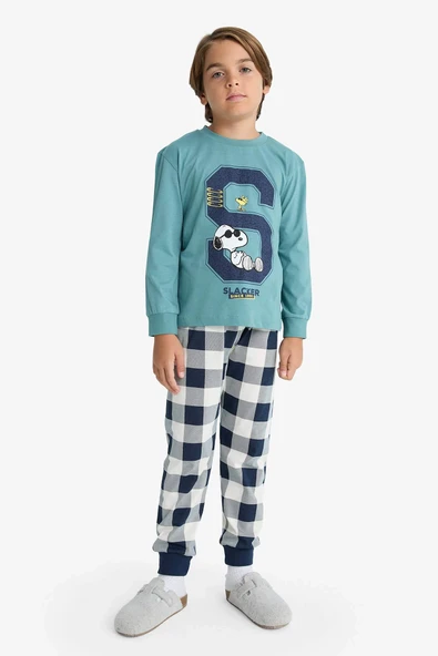 Defacto F3352A8GN1164 Yeşil Erkek Çocuk Snoopy Pijama Takımı Uzun Kollu Üst Uzun Alt ürün görseli 1