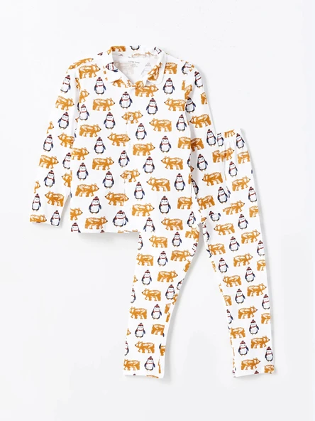 LCW Kids Ekru Polo Yaka Baskılı Erkek Çocuk Pijama Takımı ürün görseli 1
