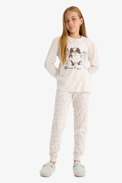 Defacto F1084A8BG745 Bej Kız Çocuk Pijama Takımı Köpek Baskılı Uzun Kollu Üst Desenli Uzun Alt ürün görseli 1