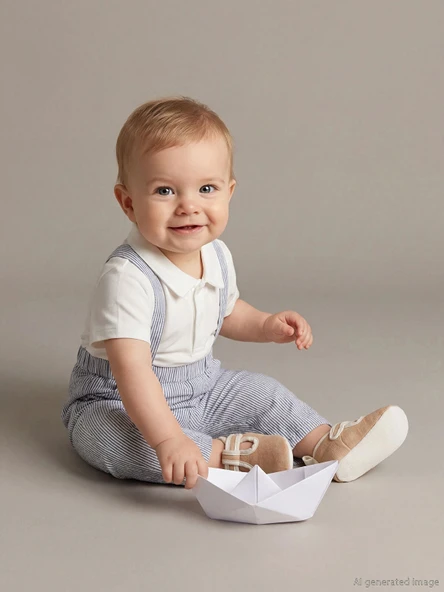 LCW baby Ekru Polo Yaka Erkek Bebek Tişört Ve Askılı Pantolon 2'li ürün görseli 1
