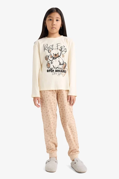 Defacto F6216A8ER103 Ekru Kız Çocuk Pijama Takımı Baskılı Uzun Kollu Üst Desenli Uzun Alt ürün görseli 1
