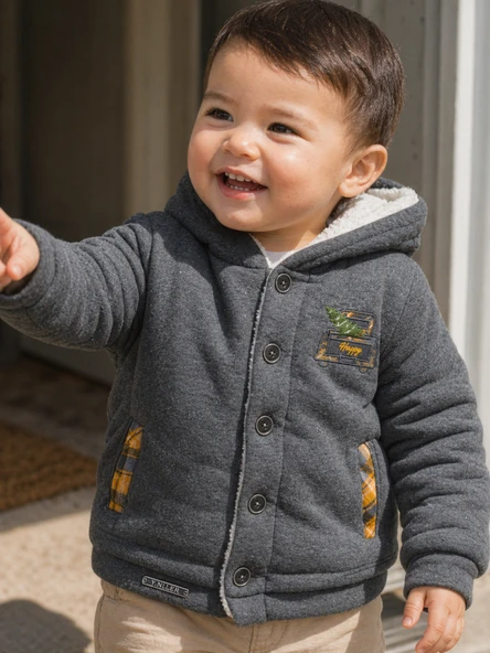 Erkek Kız Bebek Kapüşonlu Peluş Astarlı Hırka Kaban Happy Nakışlı Ekose Cep Detaylı 13407 ürün görseli 1