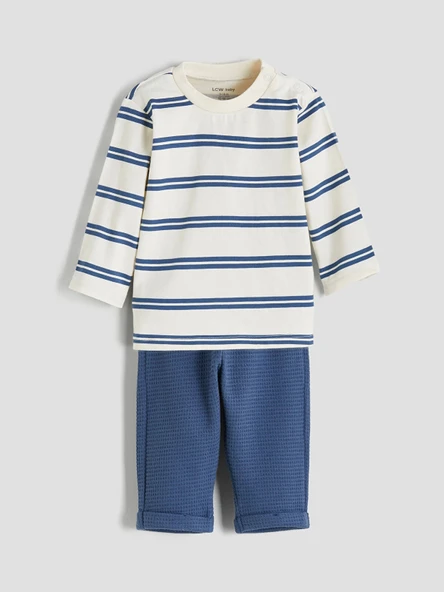 LCW baby Ekru Bisiklet Yaka Çizgili Erkek Bebek Sweatshirt ve Pantolon 2'li ürün görseli 1