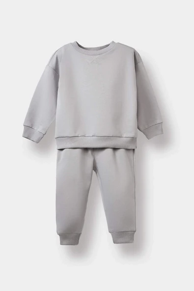 Defacto E8430A5GR52 Gri Erkek Bebek 2'li Takım Basic Düz Sweatshirt Eşofman Altı ürün görseli 1