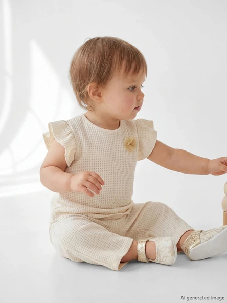 LCW baby Bej Çiçek Aplikeli Fırfırlı Kız Bebek Bluz ve Tayt ürün görseli 1