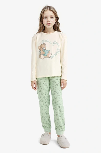 Defacto F6219A8ER134 Ekru Kız Çocuk Pijama Takımı Baskılı Uzun Kollu Üst Desenli Uzun Alt ürün görseli 1