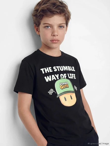 LCW Kids Siyah Bisiklet Yaka Stumble Guys Baskılı Erkek Çocuk Tişört ürün görseli 1