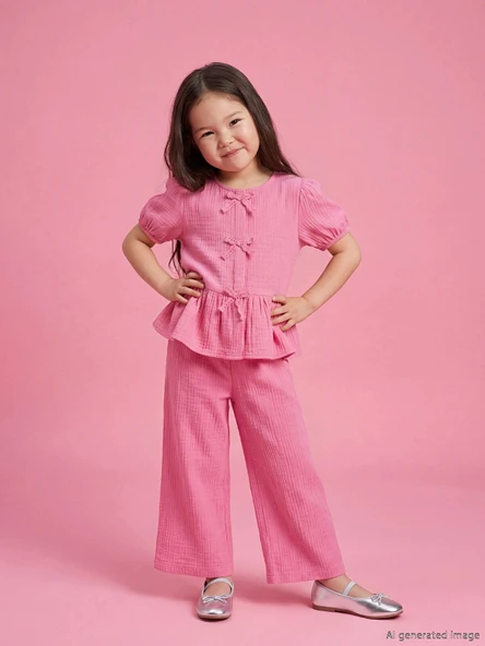 LCW Kids Pembe Fiyonk Detaylı Kız Çocuk Bluz ve Pantolon ürün görseli 1