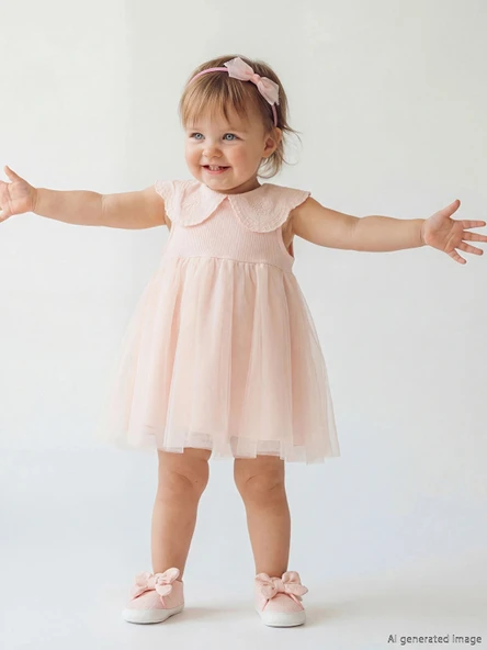 LCW baby Pembe Bebe Yaka Tül Detaylı Kız Bebek Elbise ürün görseli 1