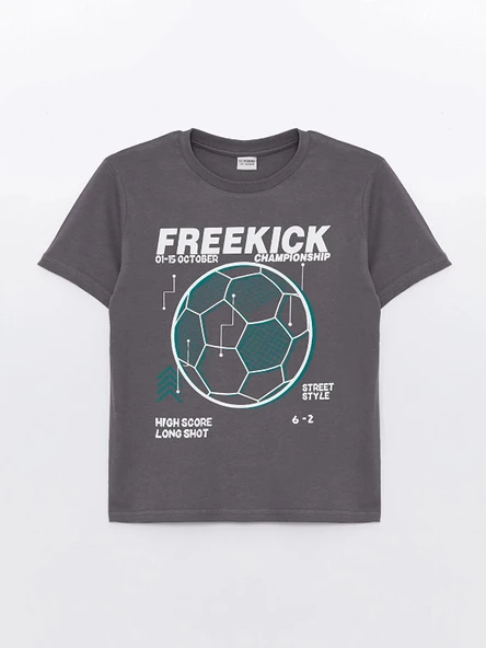 LCW Kids Gri Bisiklet Yaka Baskılı Kısa Kollu Erkek Çocuk Tişört ürün görseli 1