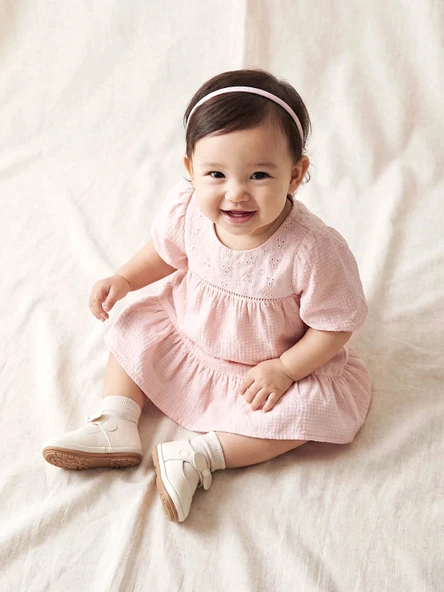 LCW baby Pembe Nakışlı Bisiklet Yaka Balon Kollu Kız Bebek Elbise ürün görseli 1