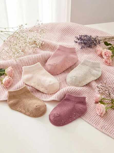 LCW baby Pembe Kaydırmaz Tabanlı Kız Bebek Patik Çorap 5'li ürün görseli 1