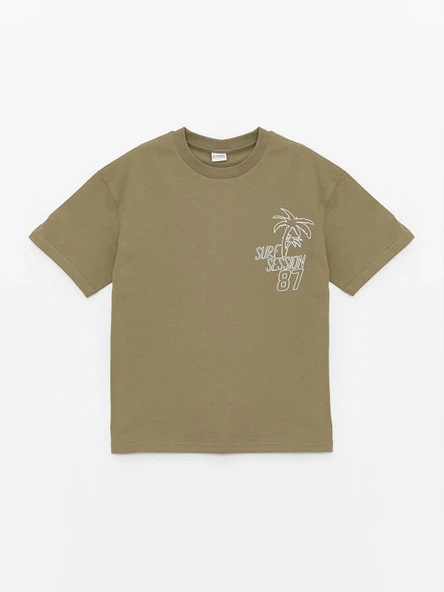 LCW Kids Haki Bisiklet Yaka Oversize Tok Kumaş Erkek Çocuk Tişört ürün görseli 1