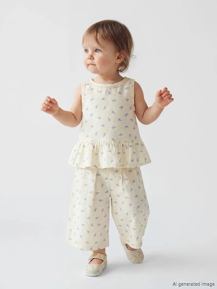 LCW baby Bej Çiçekli Kız Bebek Bluz ve Pantolon ürün görseli 1