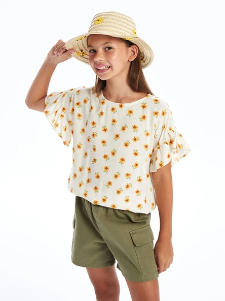 LCW Kids Ekru Bisiklet Yaka Çiçekli Kız Çocuk Bluz ürün görseli 1