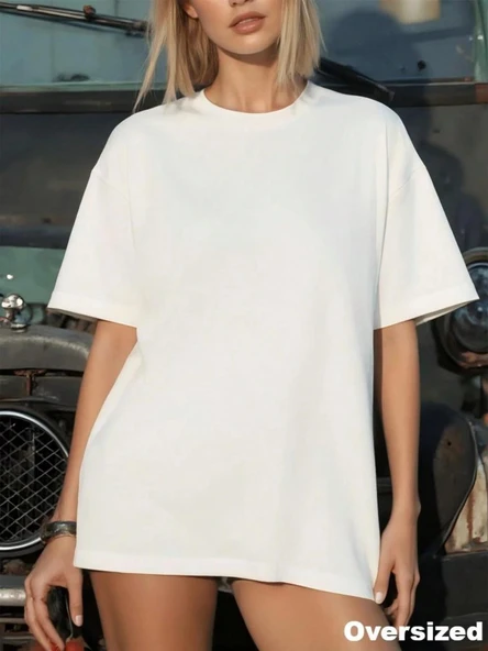 Premium Kalite Beyaz Geniş Kesim Oversize T-Shirt - Düşük Omuzlu Pamuklu Bol Tişört ürün görseli 1