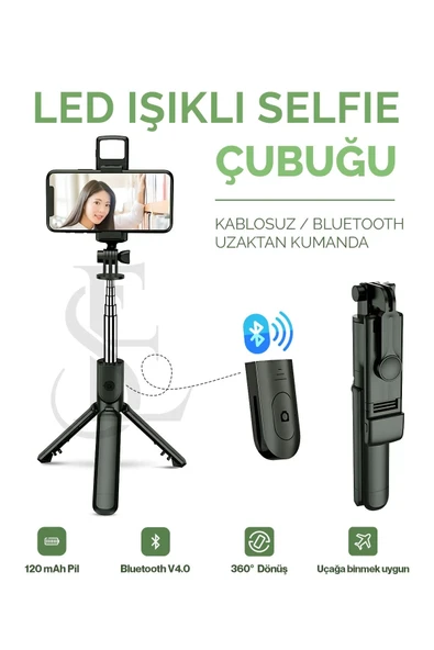 Led Işıklı Selfie Çubuğu Bluetooth Kumandalı Kablosuz Tripot Selfie Monopod Selfie Stick Siyah ürün görseli 1
