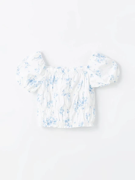 LCW Kids Ekru Kare Yaka Çiçekli Kız Çocuk Crop Bluz ürün görseli 1