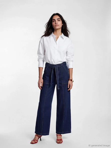LCW Jeans İndigo Beli Kemerli Wideleg Kadın Jean Pantolon ürün görseli 1