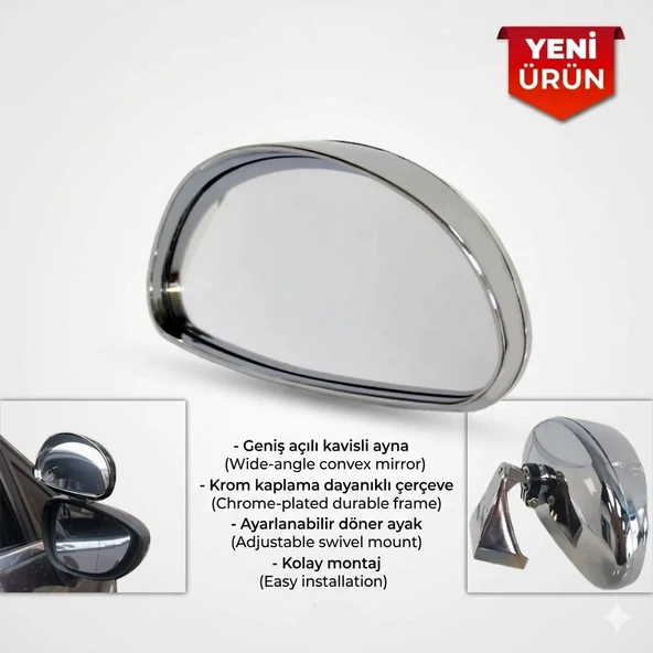 Kör Nokta Ayna Sürücü Kursu Eğitmen Ayna Üstü Dış Ilave Ayna Krom Nikel 14x7,5 Cm ürün görseli 1
