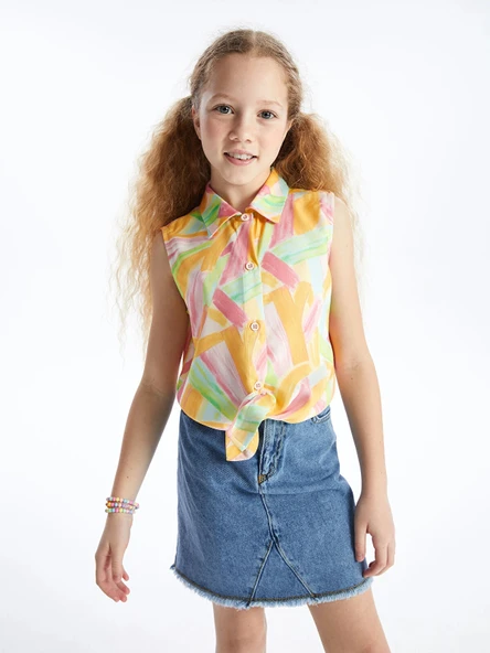 LCW Kids Beyaz Desenli Kız Çocuk Crop Gömlek ürün görseli 1