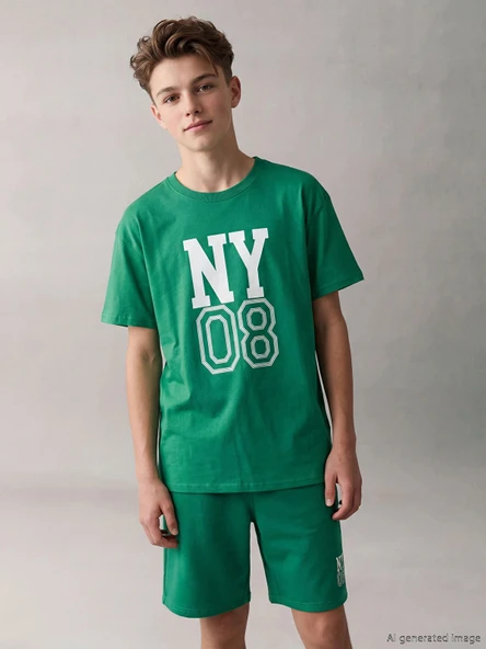 LCW Kids Yeşil Bisiklet Yaka Erkek Çocuk Baskılı Tişört ürün görseli 1