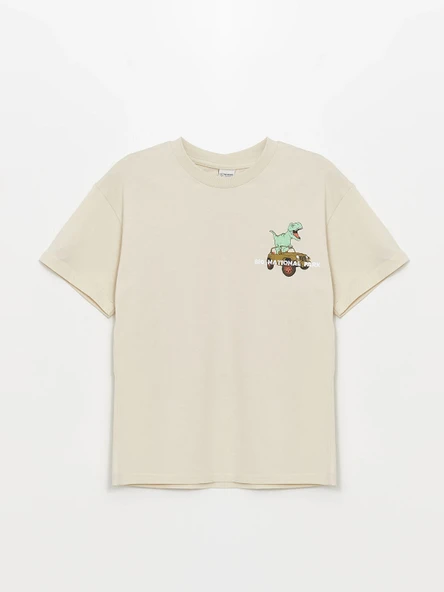 LCW Kids Bej Oversize Bisiklet Yaka Erkek Çocuk Tişört ürün görseli 1