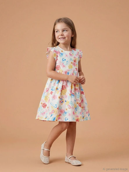 LCW Kids Ekru Bisiklet Yaka Çiçekli Kız Çocuk Elbise ürün görseli 1