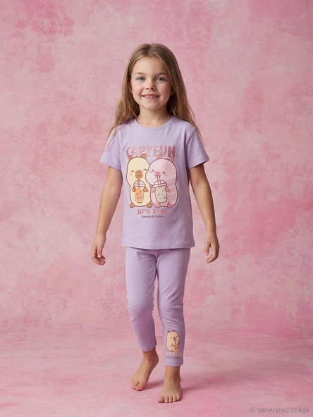 LCW Kids Lila Capyfun Baskılı Kız Çocuk Tişört ve Tayt ürün görseli 1